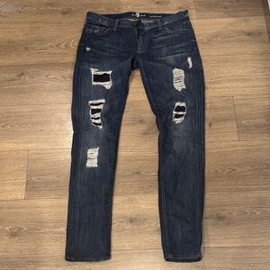 7 For All Mankind Dark Blue Distressed Skinny Jeans